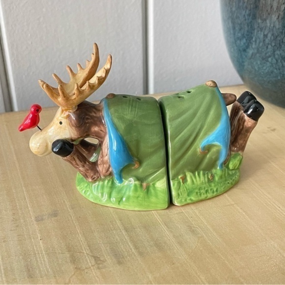 $15 SALE Salt & Pepper Shaker Set Moose Camping Tent Ceramic Outdoor Nature